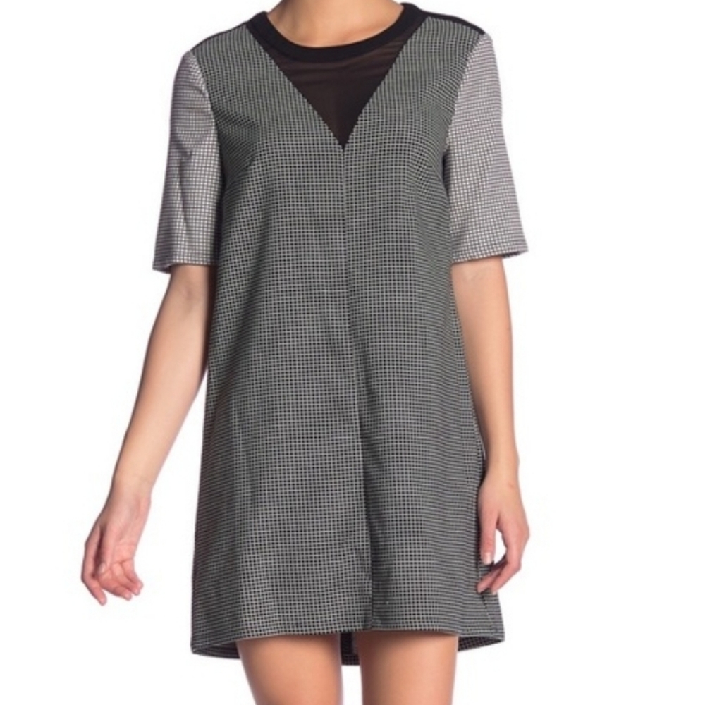 BCBG Generation Black & White Checkered Sheath Dress with Sheer V Neck XS